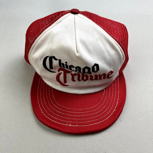 Vintage Chicago Tribune Hat Cap Snapback Trucker Red Newspaper Media USA 80s - Picture 2 of 6